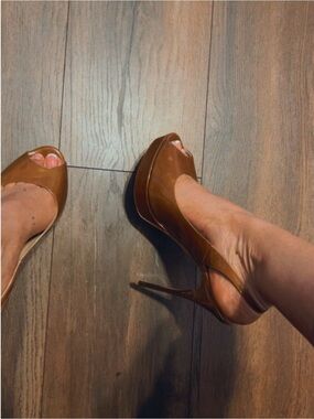 Jimmy Choo Tan Patent Leather Peep-Toe Stilettos